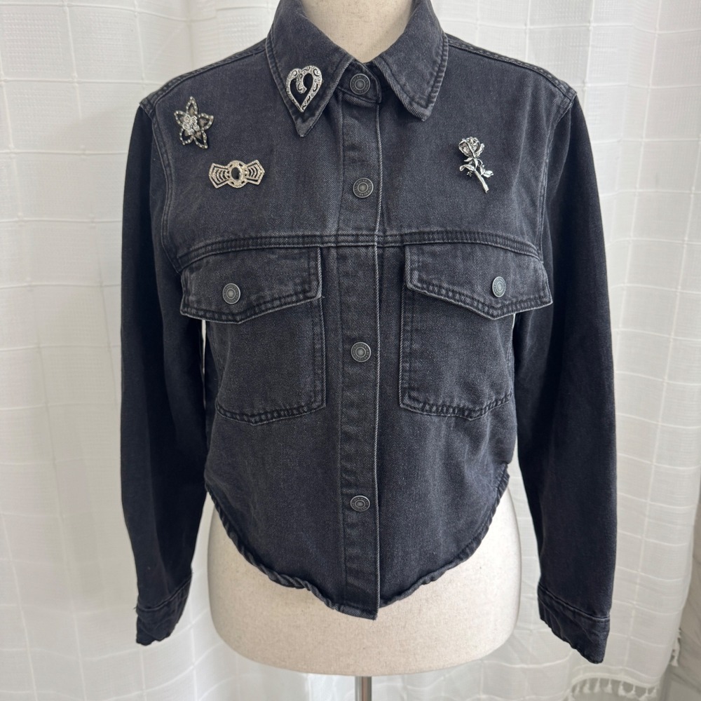Hand Design Stoosh Black Cropped Denim‎ Trucker Jacket with Brooches Womens S